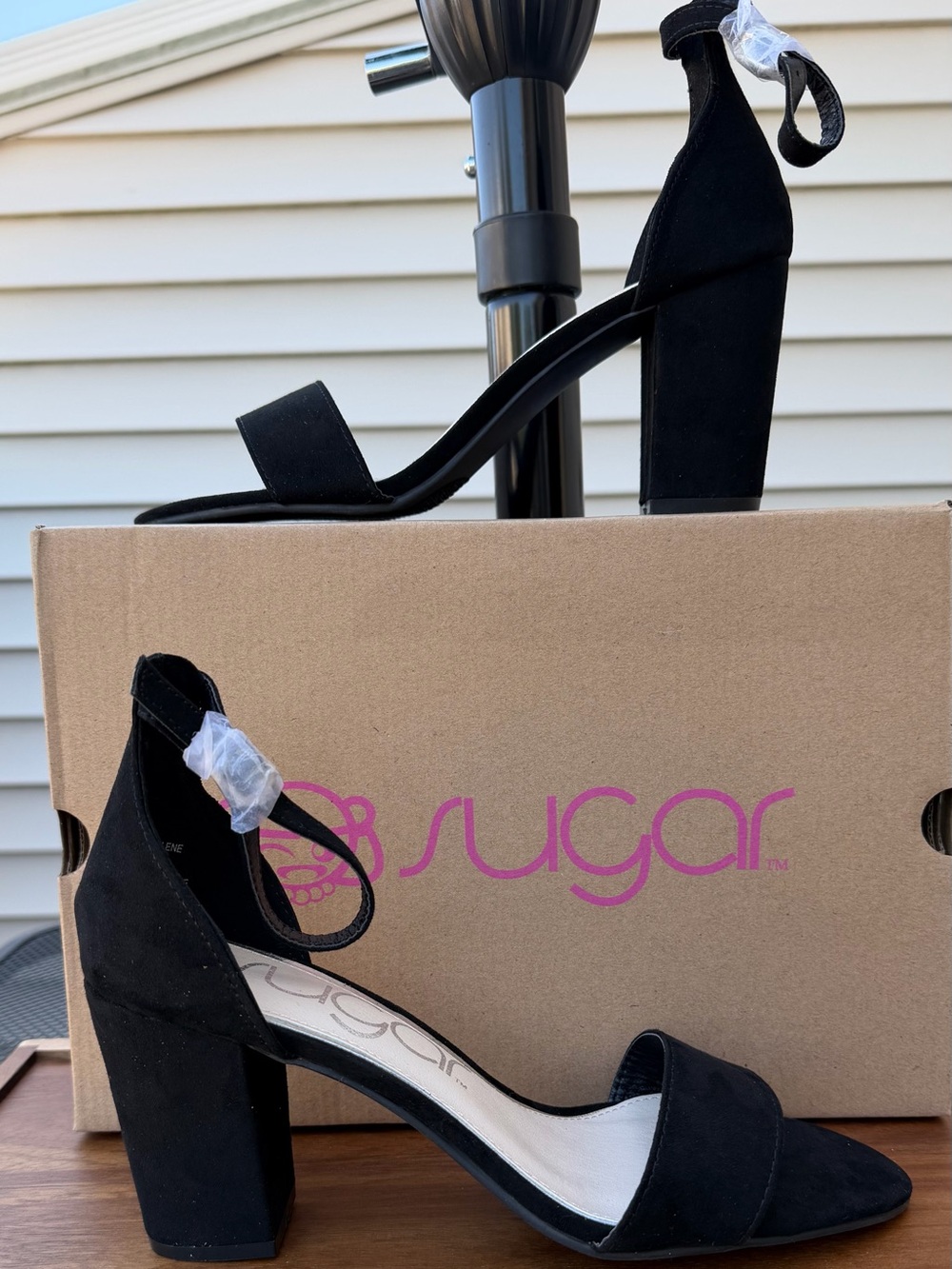 Sugar Black Suede Block Heel Ankle-Strap Sandals